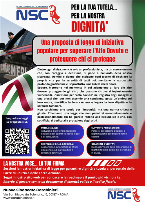 Raccolta firme per proposta di legge di iniziativa popolare: Tutela del personale delle forze di polizia e forze armate